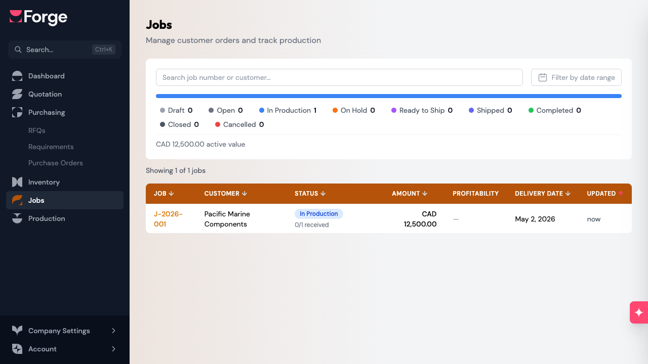Jobs list with status pipeline and filters